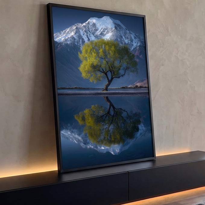 Árvore solitária verde diante de montanha nevada refletida em lago azul espelhado, quadro decorativo