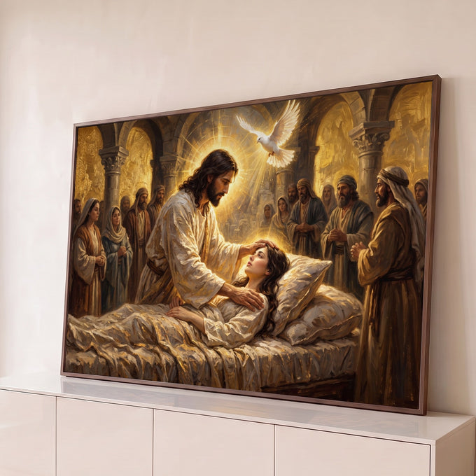 Jesus cura jovem acamada sob luz dourada e pomba branca, cercado por fiéis, pintura quadro decorativo