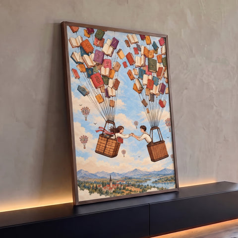 Casal de mãos dadas em balões de livros coloridos sobre céu azul e vilarejo, quadro decorativo
