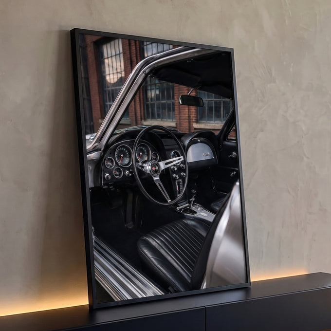 Interior de carro clássico com volante retrô, painel cromado e bancos de couro preto, quadro decorativo