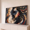Shiva de perfil meditando em textura preta, bege e vermelha com tridente dourado, quadro decorativo