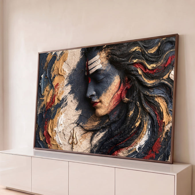 Shiva de perfil meditando em textura preta, bege e vermelha com tridente dourado, quadro decorativo