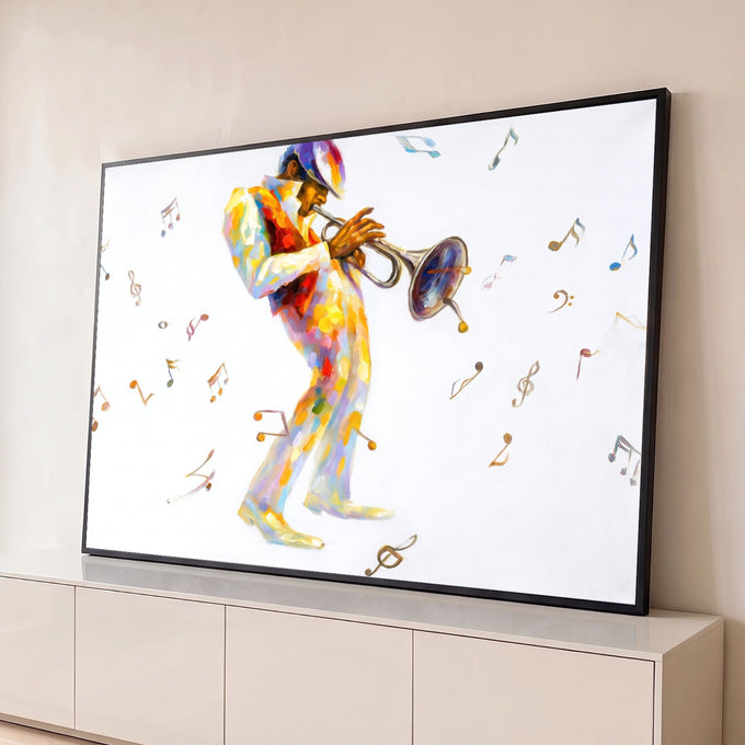 Músico tocando trompete em pinceladas coloridas com notas musicais sobre fundo branco, quadro decorativo
