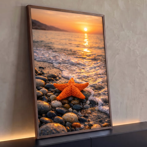 Estrela-do-mar laranja sobre pedras molhadas à beira-mar com pôr do sol refletido na água, quadro decorativo