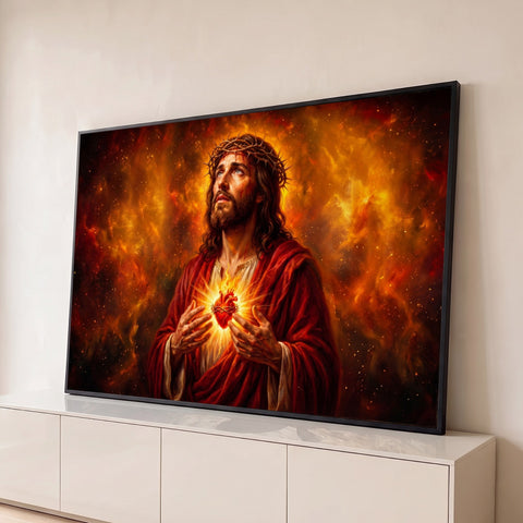Jesus com coroa de espinhos olhando ao céu, segurando o coração em chamas sobre fundo de fogo, quadro decorativo