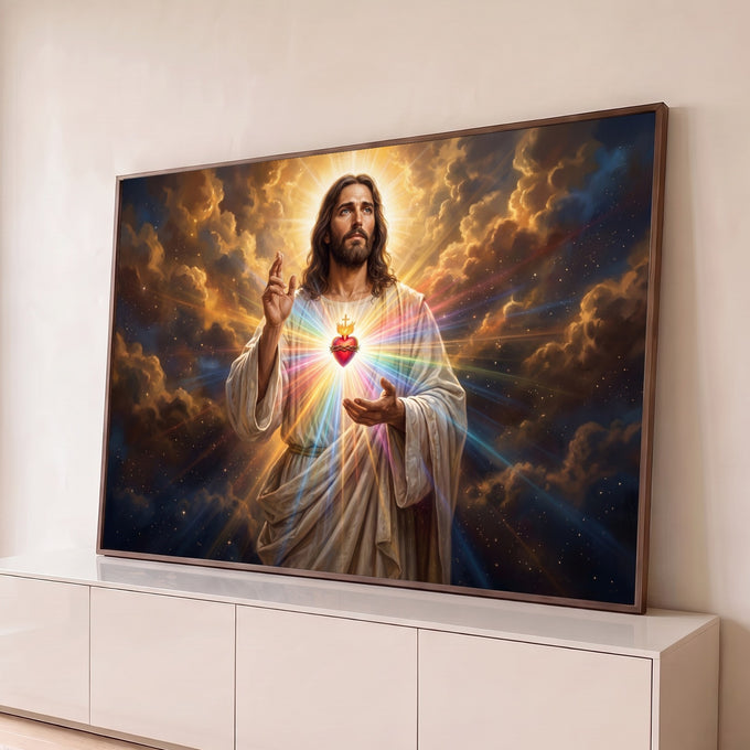 Jesus abençoando com o Sagrado Coração radiante, raios de luz e nuvens douradas, quadro decorativo