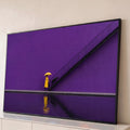 Quadro Decorativo Grande Mulher de Amarelo para Sala Roxo | quadros decorativos para sala | mulher de capa e guarda-chuva amarelos com cão preto ao lado de escada sobre fundo roxo | Porao dos Quadros