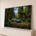 Quadro Decorativo Grande Carro Esportivo para Sala Verde | quadros decorativos para sala | carro esportivo verde e pantera negra numa trilha de floresta com montanhas ao fundo | Porao dos Quadros