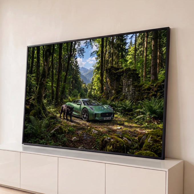Quadro Decorativo Grande Carro Esportivo para Sala Verde | quadros decorativos para sala | carro esportivo verde e pantera negra numa trilha de floresta com montanhas ao fundo | Porao dos Quadros