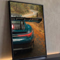 Quadro Decorativo Grande Aerofólio Esportivo para Sala Verde | quadros decorativos para sala | traseira de carro esportivo verde-petróleo com aerofólio preto em estrada de floresta outonal | Porao dos Quadros