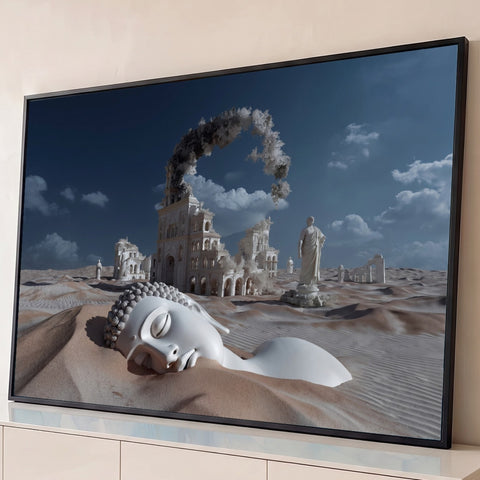 Cabeça de Buda branca deitada nas dunas do deserto com ruínas clássicas e estátuas ao fundo, quadro decorativo