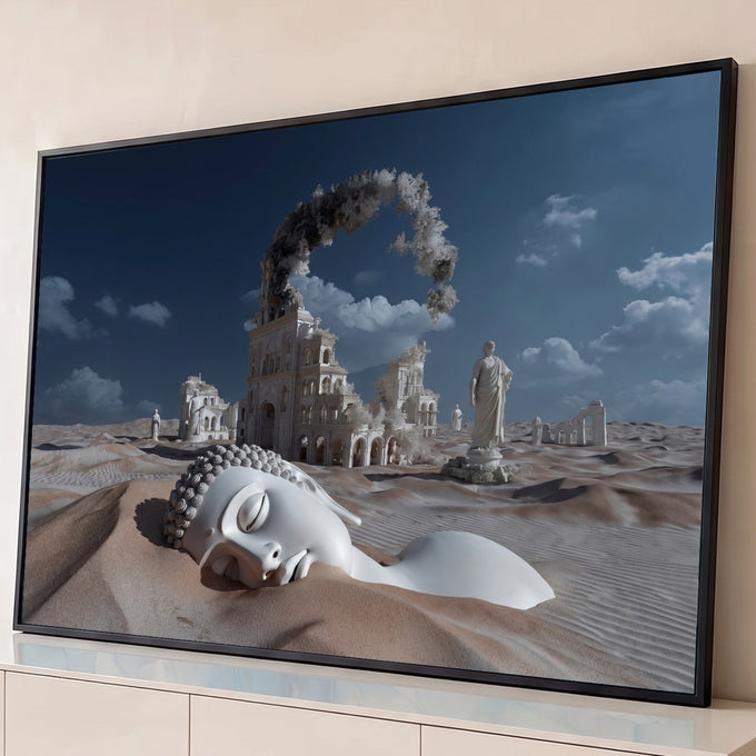 Cabeça de Buda branca deitada nas dunas do deserto com ruínas clássicas e estátuas ao fundo, quadro decorativo
