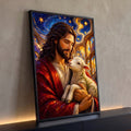 Quadro Decorativo Grande Jesus Pastor para Sala Vermelho | quadros decorativos para sala | Jesus de manto vermelho segurando um cordeiro branco, estilo mosaico com céu estrelado | Porao dos Quadros