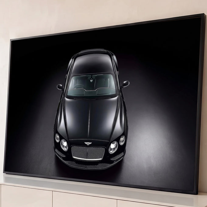 Quadro Decorativo Grande Carro Automóvel para Sala Preto | quadros decorativos para sala | carro esportivo preto fotografado de cima com faróis acesos sobre fundo escuro | Porao dos Quadros