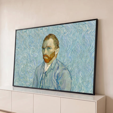 Autorretrato de Van Gogh de barba ruiva e paletó azul sobre fundo de espirais azuis, quadro decorativo