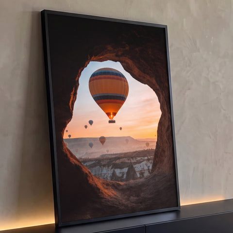 Balão de ar quente listrado sobre vale da Capadócia ao pôr do sol, visto de caverna, quadro decorativo