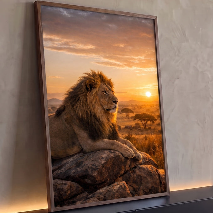 Quadro Decorativo Grande Leão na Savana para Sala Dourado | quadros decorativos para sala | leão deitado em rocha com savana e pôr do sol ao fundo | Porao dos Quadros