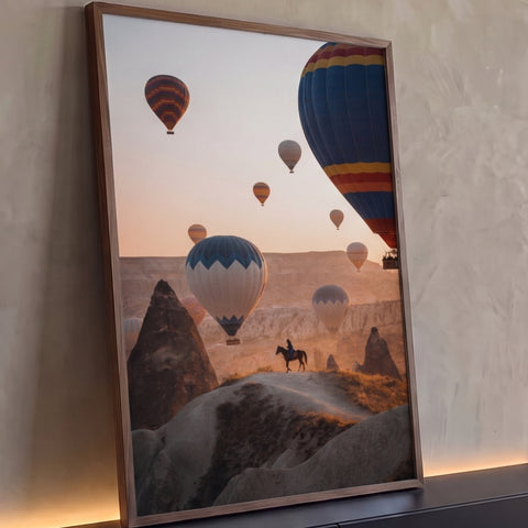 Balões de ar quente sobre a Capadócia com cavaleiro no morro ao amanhecer, quadro decorativo
