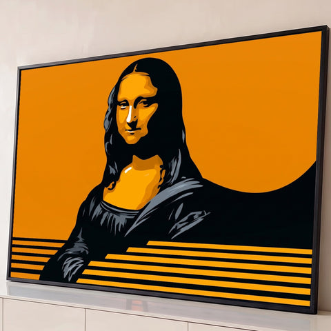 Mona Lisa em ilustração vetorial preta sobre fundo laranja com listras horizontais, quadro decorativo
