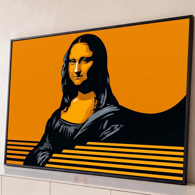 Mona Lisa em ilustração vetorial preta sobre fundo laranja com listras horizontais, quadro decorativo