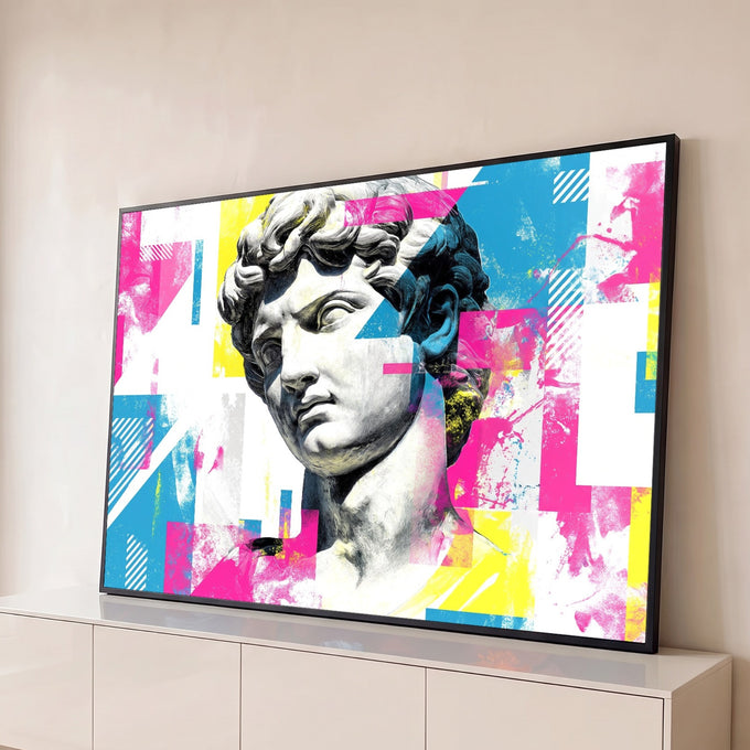 Quadro Decorativo Grande Davi Estátua para Sala Rosa | quadros decorativos para sala | rosto esculpido do Davi em mármore branco sobre fundo pop art colorido | Porao dos Quadros