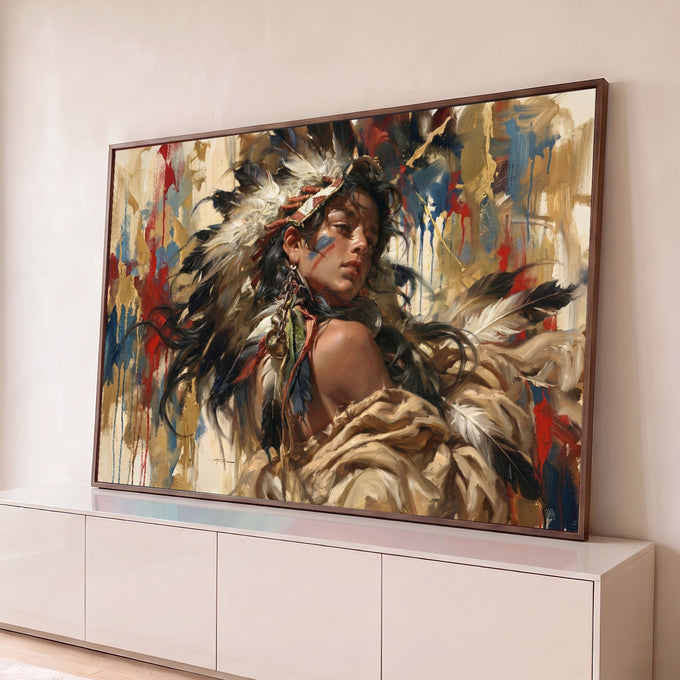 Mulher indígena com cocar de penas e pintura facial em pinceladas soltas e fundo dourado, quadro decorativo