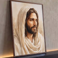 Quadro Decorativo Grande Rosto de Jesus Aquarela para Sala | quadros decorativos para sala | retrato em aquarela de Jesus Cristo com manto branco e olhar sereno | Porao dos Quadros
