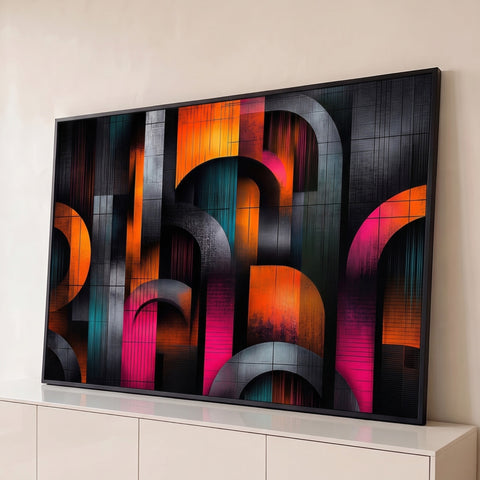 Arcos geométricos em laranja, rosa neon e azul petróleo sobre fundo preto texturizado, quadro decorativo