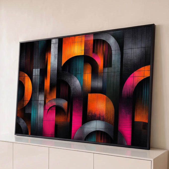Quadro Decorativo Grande Arcos Geométricos para Sala Laranja | quadros decorativos para sala | arcos geométricos coloridos em laranja, rosa e azul petróleo sobre fundo preto texturizado | Porao dos Quadros