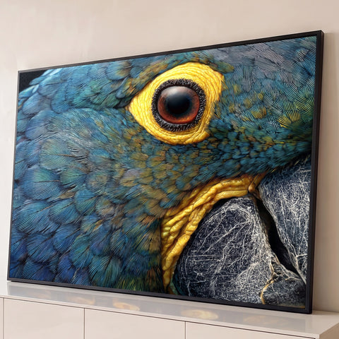 Close macro do olho de arara-azul com anel amarelo, penas azuis texturizadas e bico escuro, quadro decorativo