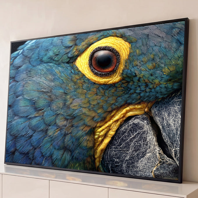 Close macro do olho de arara-azul com anel amarelo, penas azuis texturizadas e bico escuro, quadro decorativo