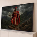 Quadro Decorativo Grande Xangô com Machado para Sala | quadros decorativos para sala | homem com manto vermelho e machado duplo diante de raios nas montanhas | Porao dos Quadros