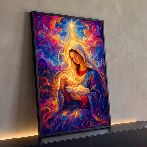 Quadro Decorativo Nossa Senhora com Menino Jesus e Estrela | quadros decorativos para sala | Nossa Senhora segurando o Menino Jesus com estrela brilhante e fundo colorido abstrato | Porao dos Quadros