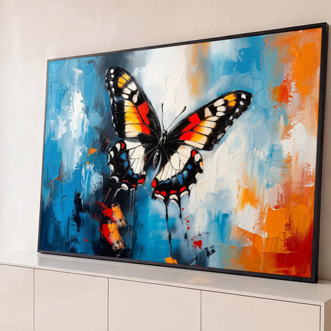 Borboleta preta, laranja e vermelha pintada a óleo sobre fundo azul texturizado, quadro decorativo