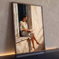 Quadro Decorativo Grande Mulher Lendo para Sala Bege | quadros decorativos para sala | mulher descalça sentada na janela lendo livro vermelho em pintura impasto | Porao dos Quadros