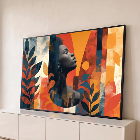 Mulher negra em perfil de olhos fechados em colagem de folhas laranja, vermelhas e azuis, quadro decorativo