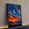 Pôr do sol laranja sobre mar com ilhas, lua crescente e Via Láctea no céu estrelado, quadro decorativo