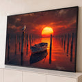 Quadro Decorativo Grande Pôr do Sol Gaivota para Sala | quadros decorativos para sala | gaivota em poste de madeira com barco e pôr do sol vermelho ao fundo | Porao dos Quadros