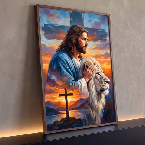 Jesus afagando leão branco diante de cruz e pôr do sol laranja em pintura a óleo, quadro decorativo
