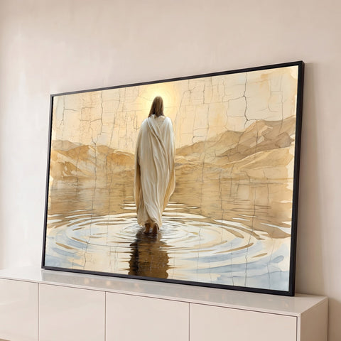 Jesus de costas caminhando sobre as águas com auréola, montanhas e textura craquelada, quadro decorativo