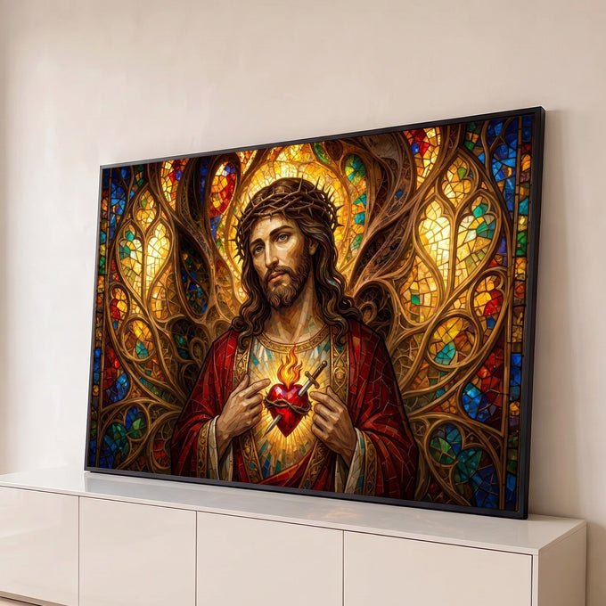Jesus com coroa de espinhos e coração flamejante em vitral colorido dourado, quadro decorativo