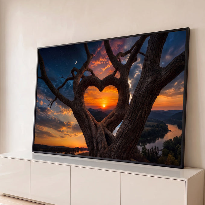 Árvore com galhos em forma de coração emoldurando pôr do sol sobre montanhas e rio, quadro decorativo
