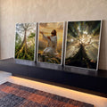 Quadro Decorativo Kit 3 Telas Jesus em Oração para Sala | quadros decorativos para sala | homem em manto branco ajoelhado em oração entre florestas com raios de sol | Porao dos Quadros