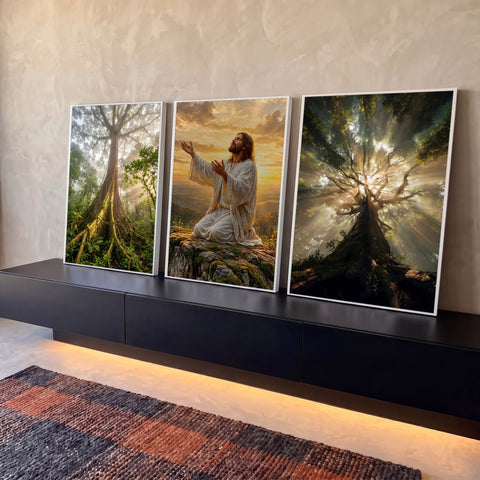 Quadro Decorativo Kit 3 Telas Jesus em Oração para Sala | quadros decorativos para sala | homem em manto branco ajoelhado em oração entre florestas com raios de sol | Porao dos Quadros