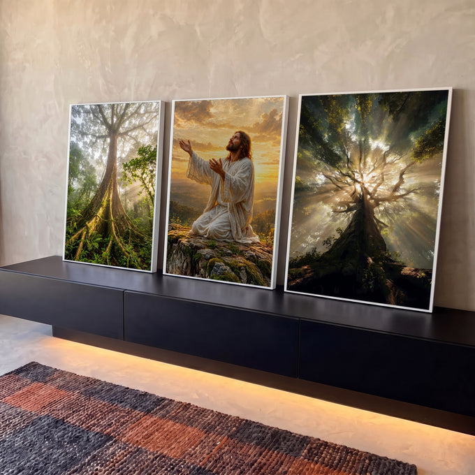 Quadro Decorativo Kit 3 Telas Jesus em Oração para Sala | quadros decorativos para sala | homem em manto branco ajoelhado em oração entre florestas com raios de sol | Porao dos Quadros