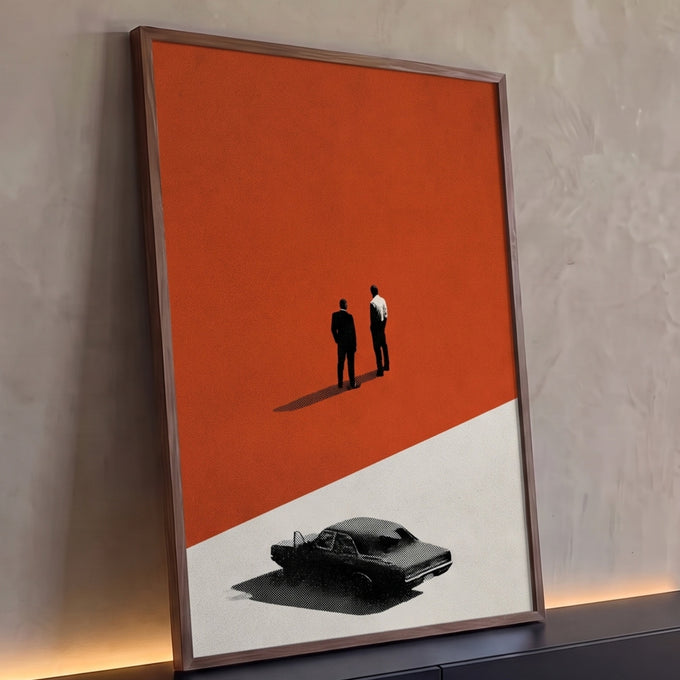 Quadro Decorativo Dois Homens e Carro Antigo em Laranja | quadros decorativos para sala | dois homens de costas observando carro antigo em fundo laranja diagonal | Porao dos Quadros