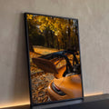Quadro Decorativo Grande Aerofólio de Carro para Sala | quadros decorativos para sala | carro esportivo laranja com aerofólio preto em cenário de outono dourado | Porao dos Quadros