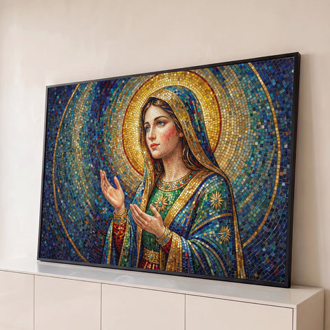 Nossa Senhora em mosaico de pastilhas azuis e douradas, com auréola e mãos em prece, quadro decorativo