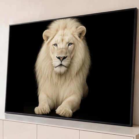Leão branco de juba clara deitado de frente, olhos azuis, sobre fundo preto, quadro decorativo