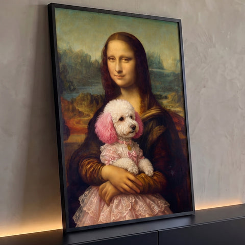 Mona Lisa segurando poodle branco de orelhas rosa e vestido de renda, releitura clássica, quadro decorativo